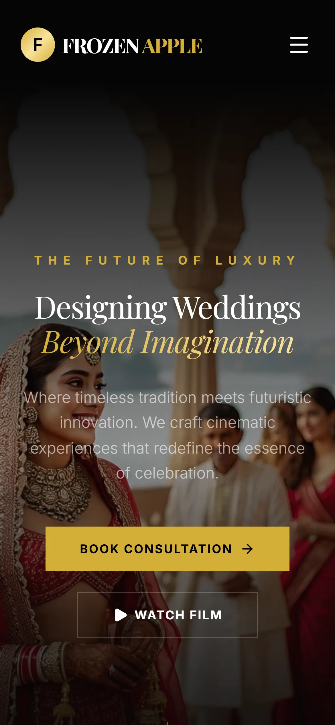 Frozen Apple Weddings home page on mobile