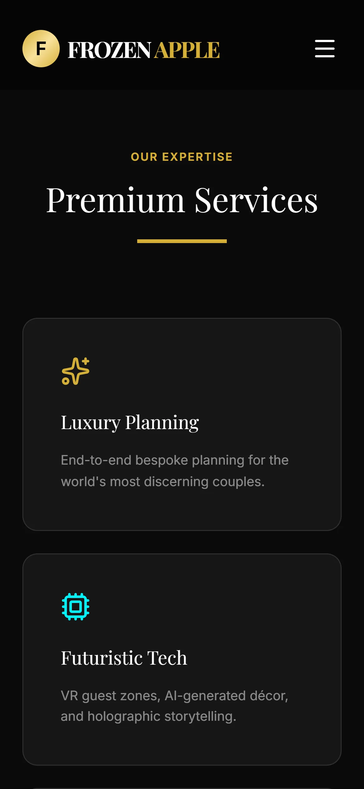 Frozen Apple Weddings services page on mobile
