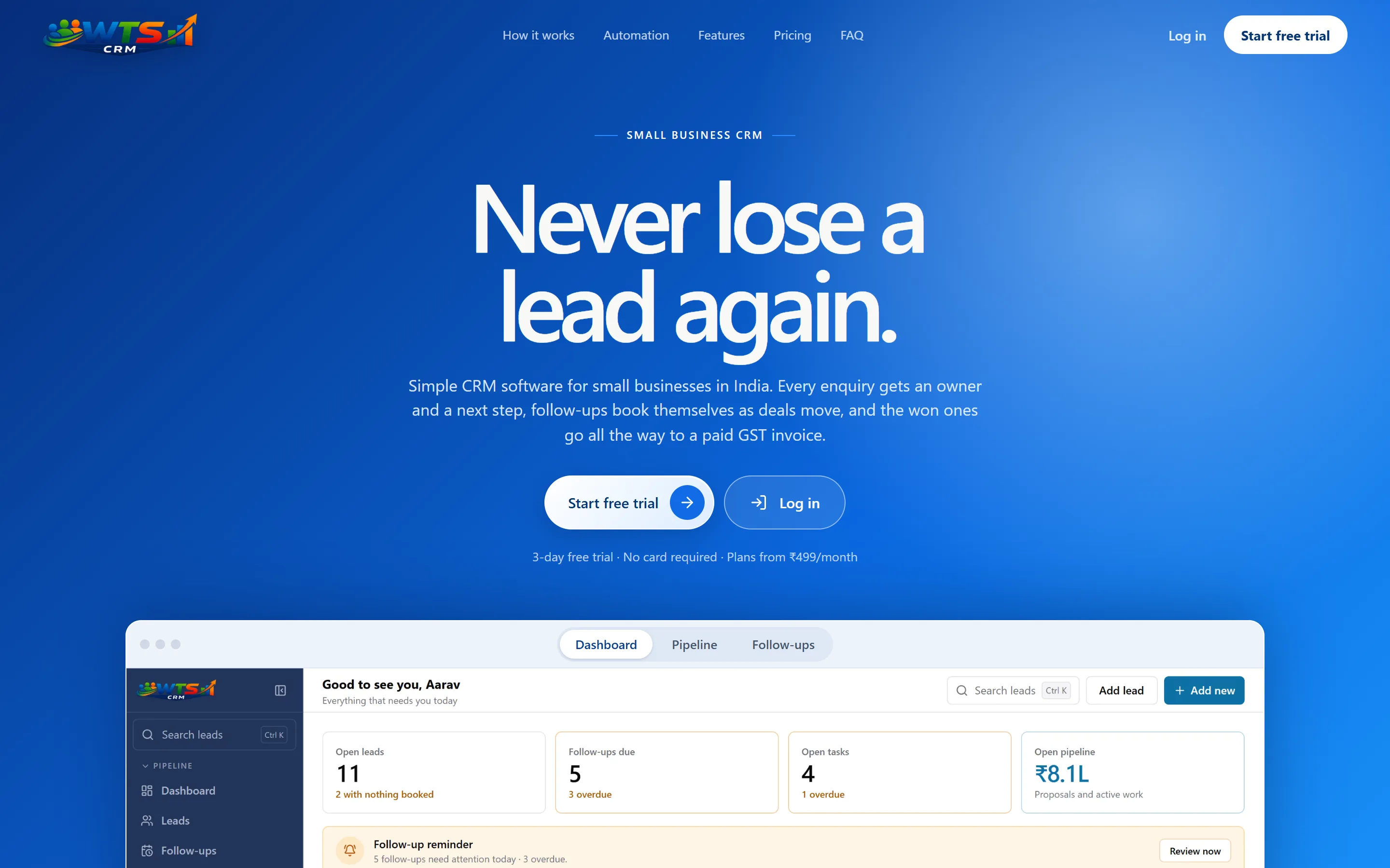 WTS CRM website home page showing the dashboard