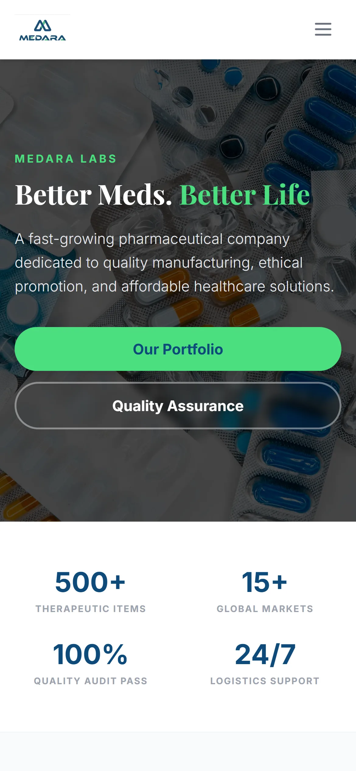 Medara Labs home page on mobile