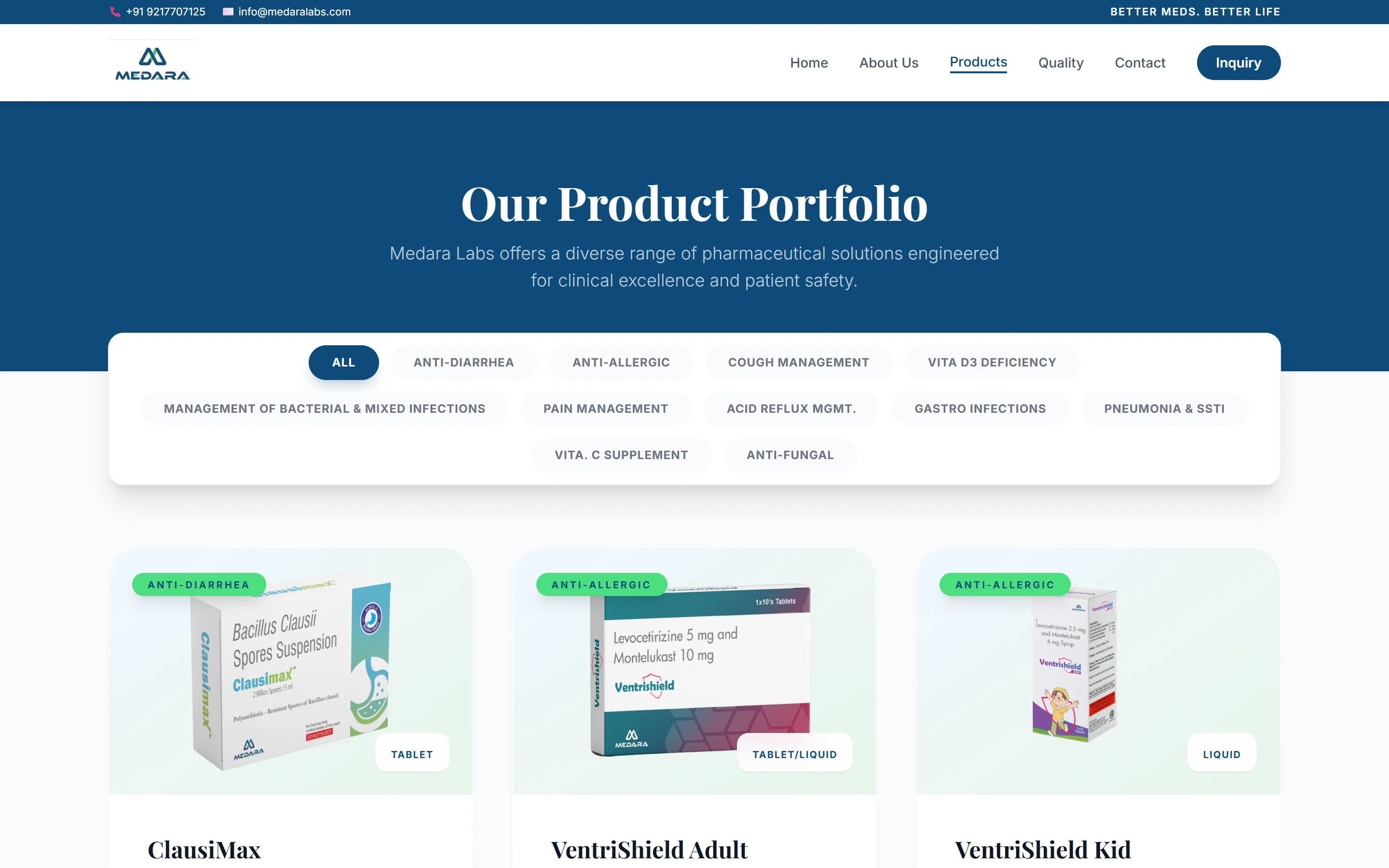 Medara Labs product portfolio page with category filters