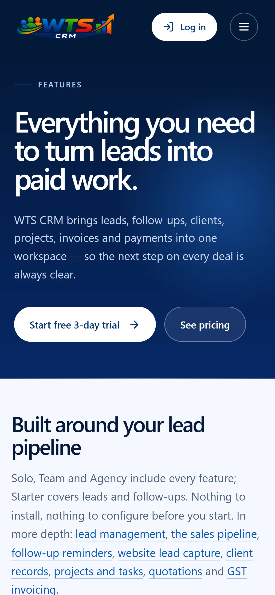 WTS CRM features page on mobile