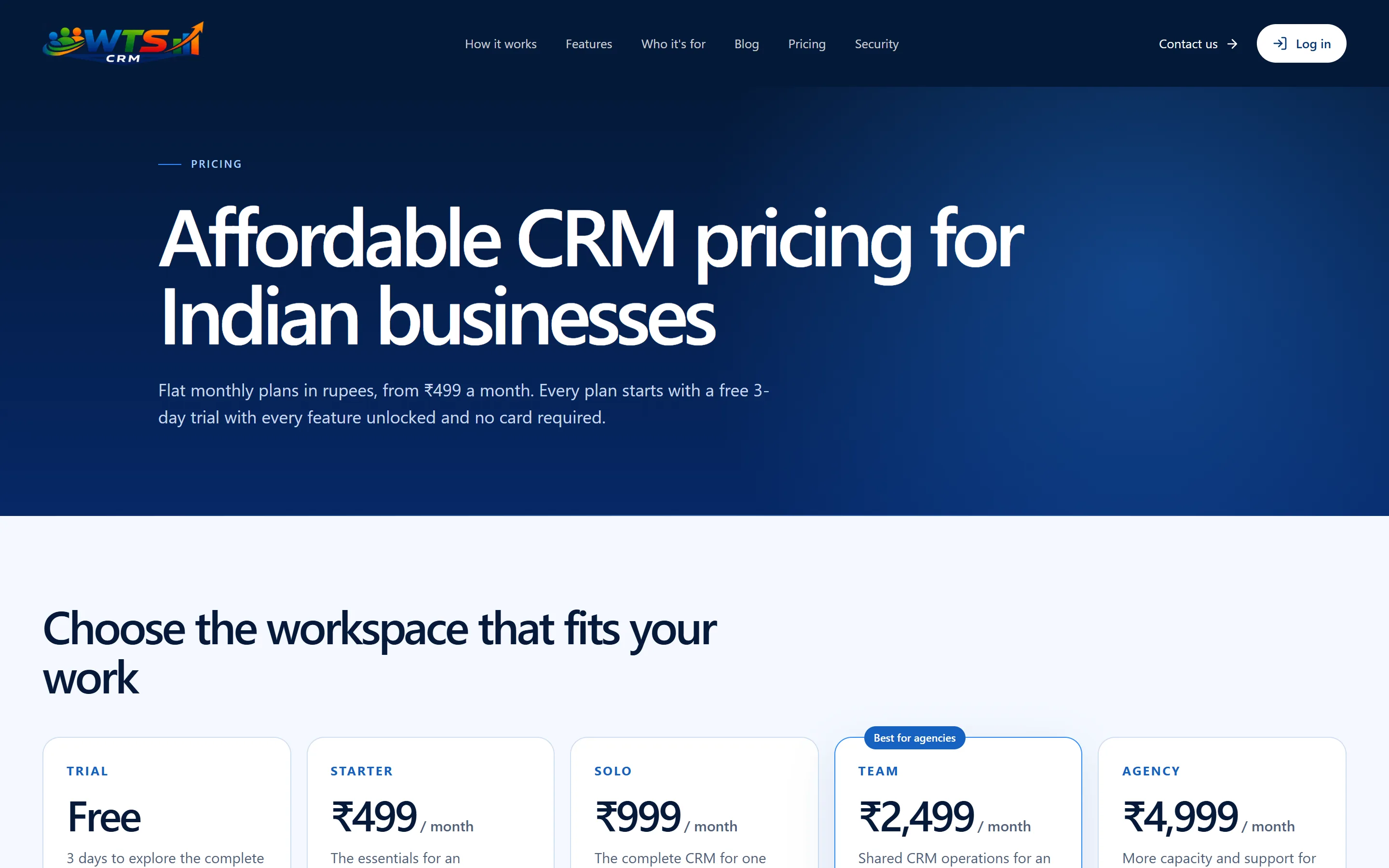 WTS CRM pricing page